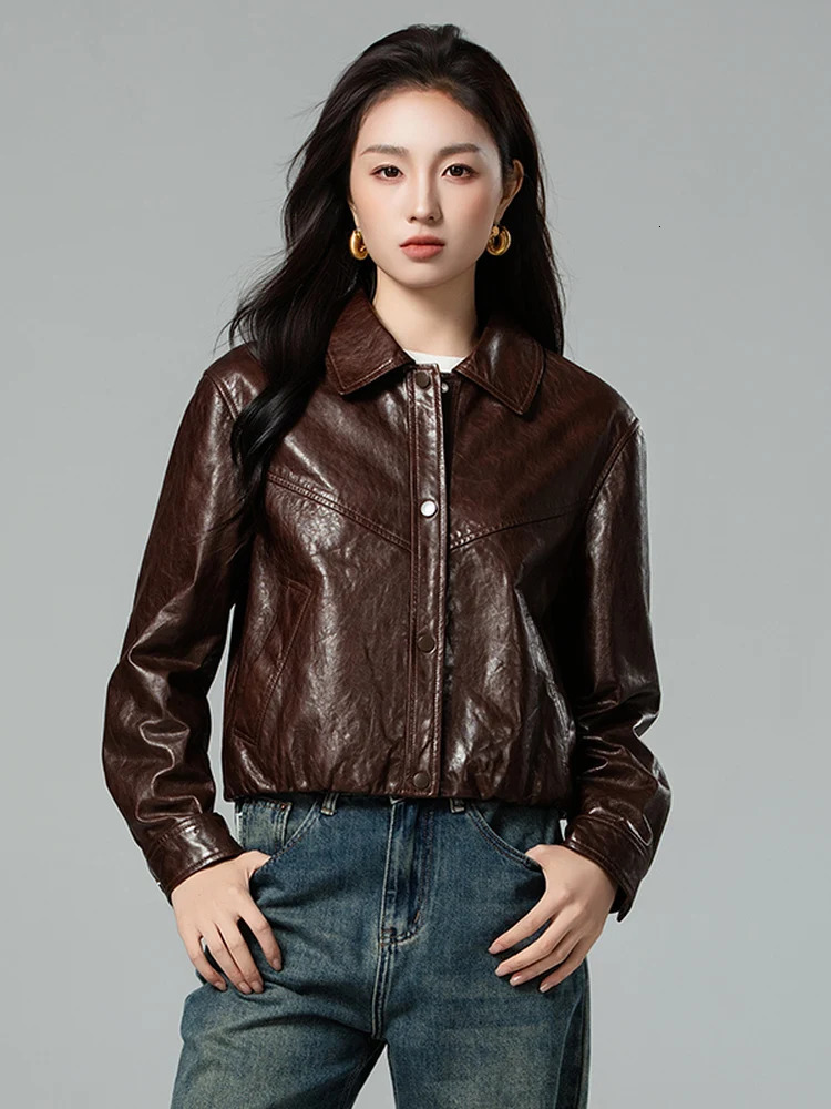 Casual Genuine Leather Cropped Jackets for Women Spring Autumn High-end Simple Solid Soft Oil Wax Sheepskin Coat 250725