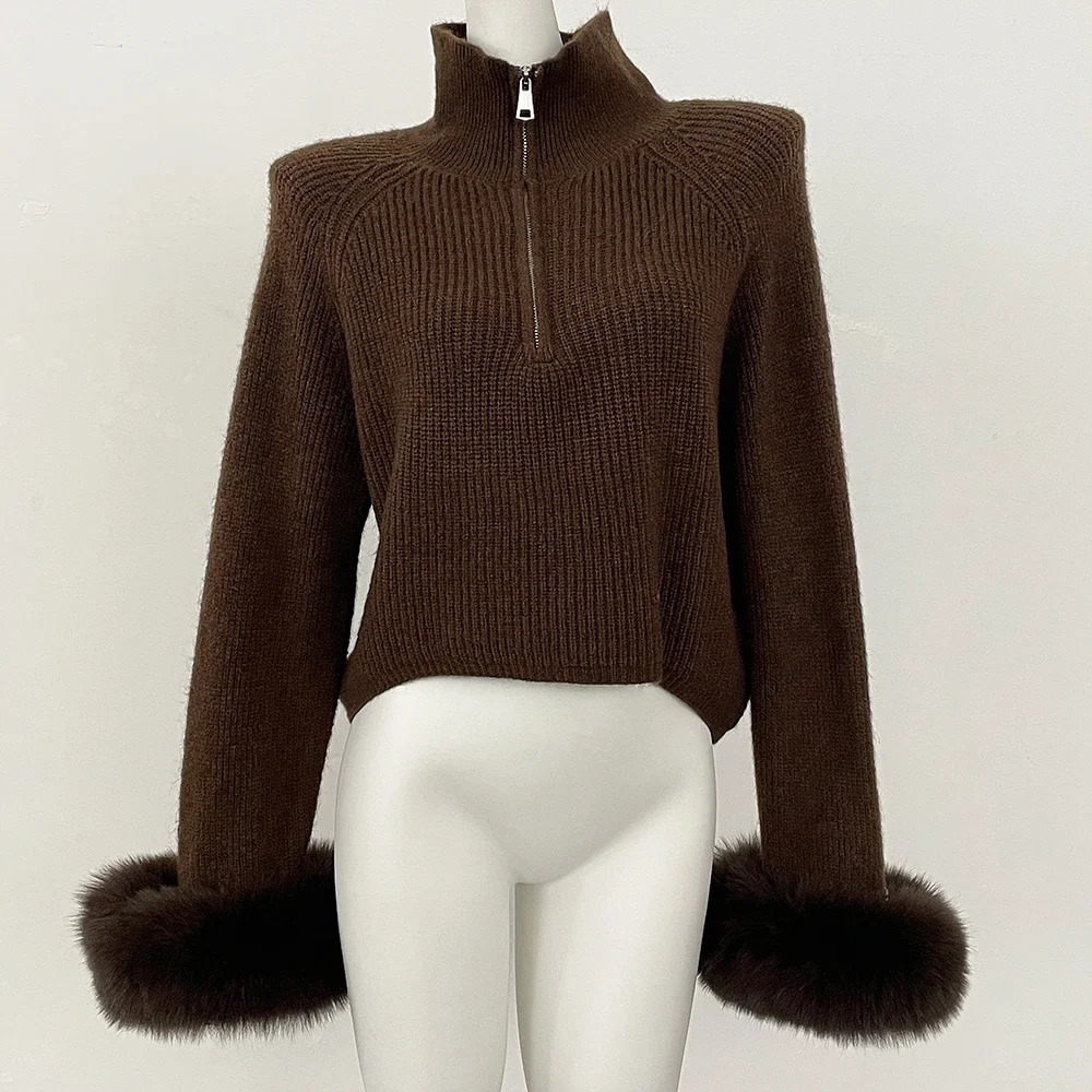 Pop Sweater Pullover Women Spring Autumn Knitwear Patchwork Fur Coat Zipper Underlay Loose Premium Sweater Female Fashion 250724