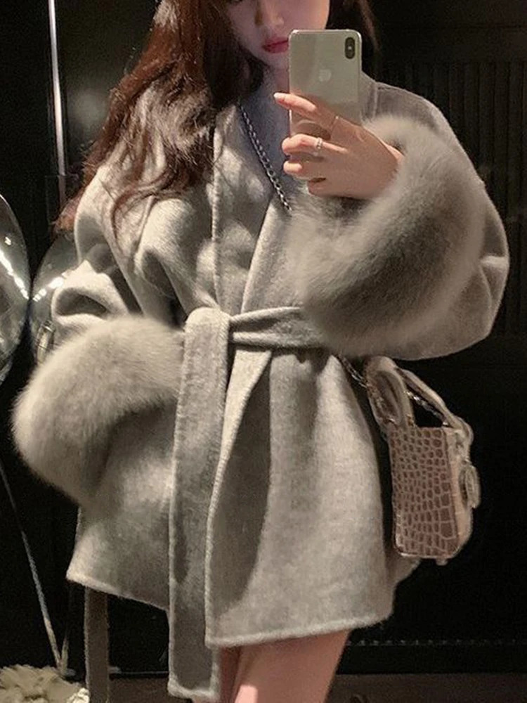 Elegant OL Office Lady Overcoats Fur Patchwork Long Sleeve Woolen Coat Beautiful Womens Clothing Jacket for Autumn and Spring 250724
