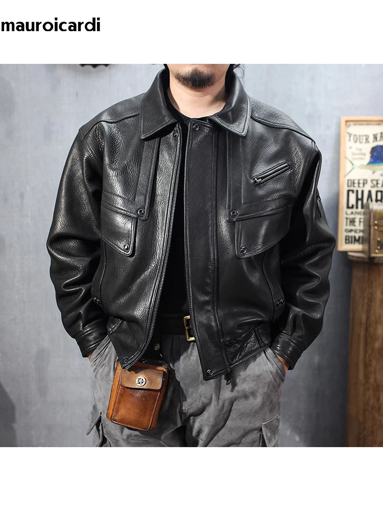 Mauroicardi Spring Autumn Cool Black Pu Leather Motorcycle Jacket Men with Long Sleeve Loose Casual Emo Clothes 250724