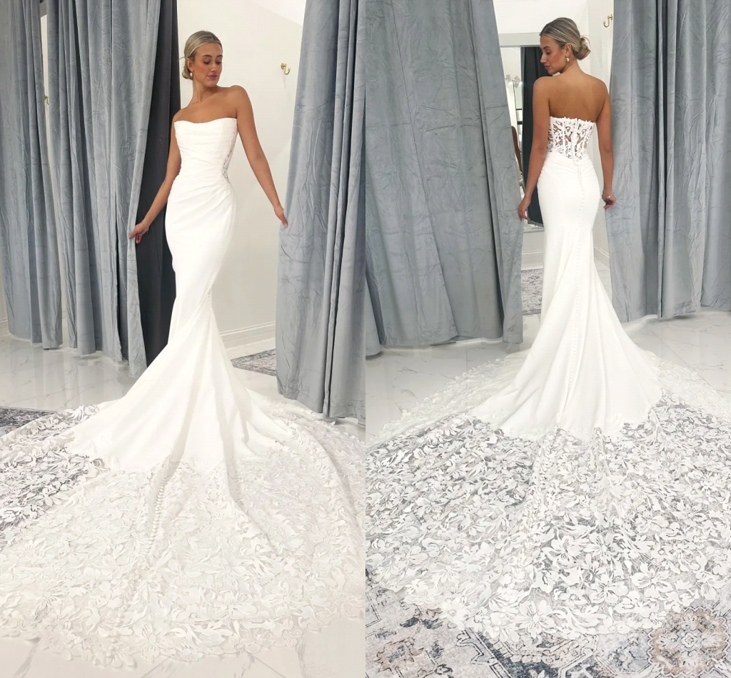 Stunning Lace Long Train Mermaid Wedding Dresses Strapless White Satin Bridal Wedding Gowns Summer Boho Robe de mariee BC18279