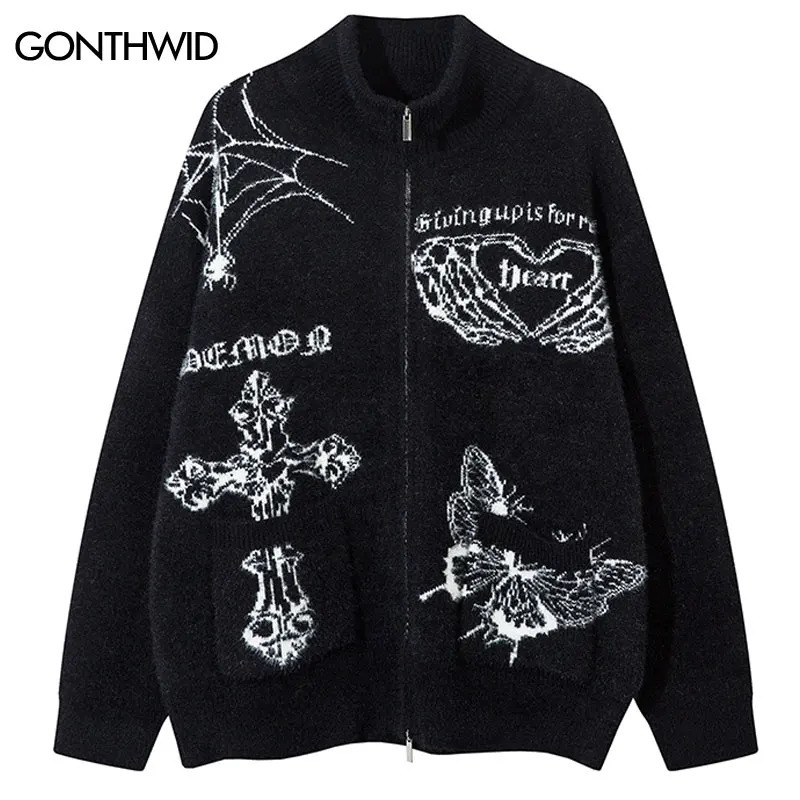 Vintage Oversize Sweater Cardigan Y2K Knitted Butterfly Double Zip Up Jumpers Streetwear Hip Hop Punk Gothic Loose Sweaters Coat 250724BJ