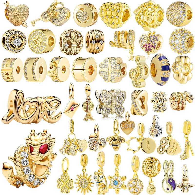 New Gold Plated Sparkling Bow Dragon Engravable Heart Dangle Charms Beads Fit Original Silver 925 Bracelet Jewelry Gift XJ250726