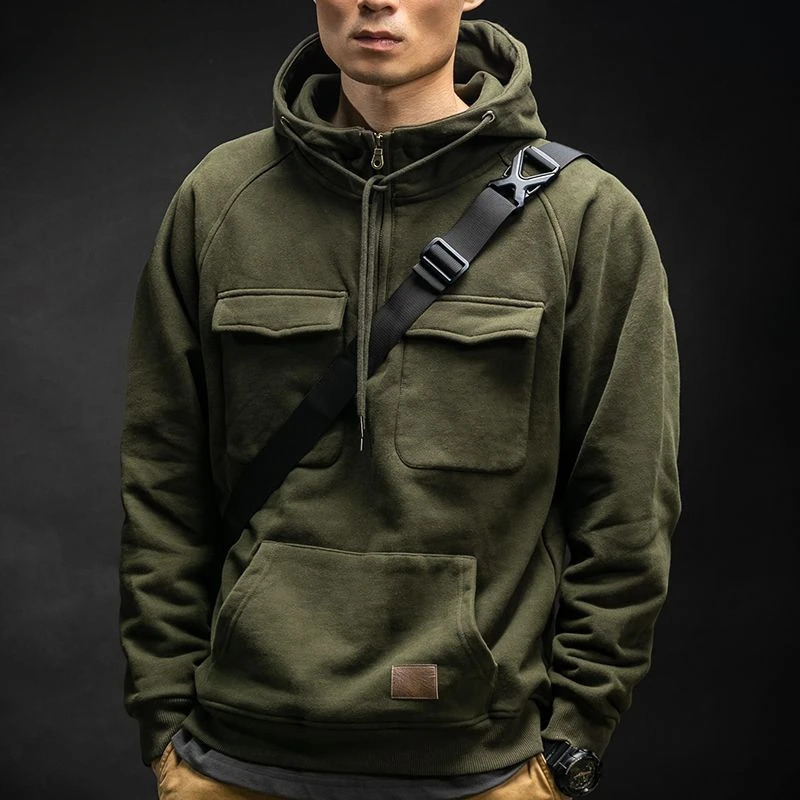 Half Zip Workwear Hoodie Mens Autumn Winter Heavyweight Tactical Hooded American Multi Pocket Jacket Cargo Streetwear 250725