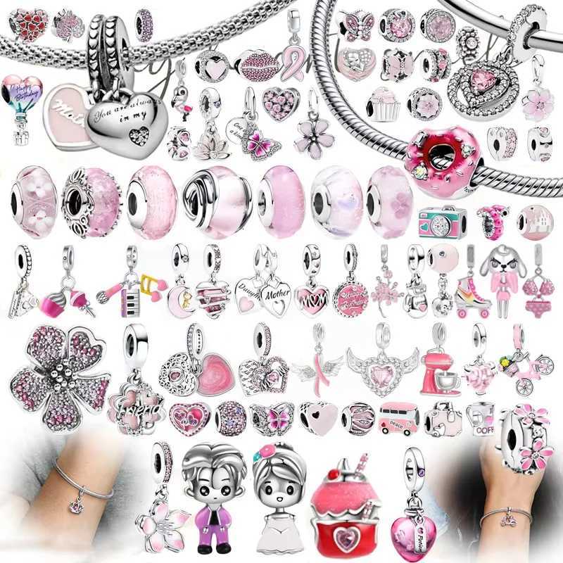 Hot Sale Sparkling Pink Series Flower Family Tree Heart Dangle Charm Bead Fit Original Silver 925 Bracelet DIY Jewelry Gift XJ250726
