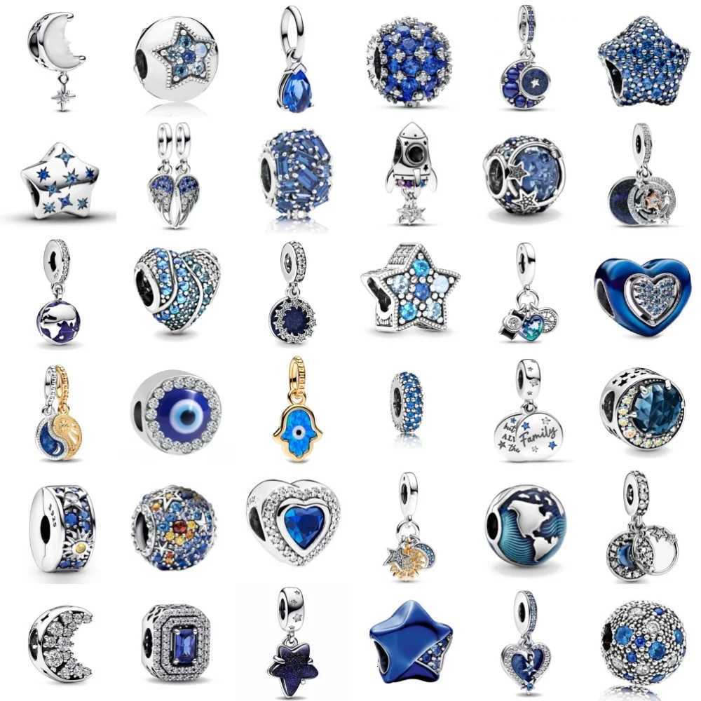 Blue Sparkling Zircon Star Moon Series Charm Beads Fit Original Bracelet Women DIY Pendant Accessories Jewelry 925 Silver GiftXJ250726