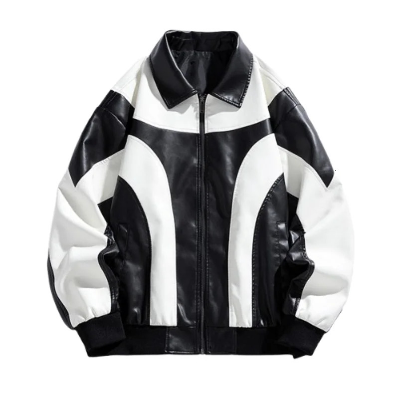Men Motorcycle Biker Jacket Casual Spring Contrast Colors Leather Zipper Cardigan for Autumn Outerwear Streetwear 250724