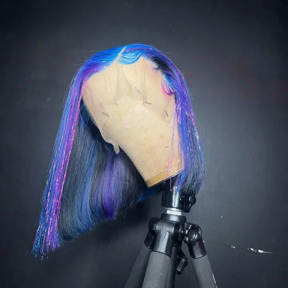 180% Blue with Purple Highlight Straight Short Bob Wig Bob Human Hair Wig 13x4 Transparent Lace Frontal Wig Synthetic For Black Women