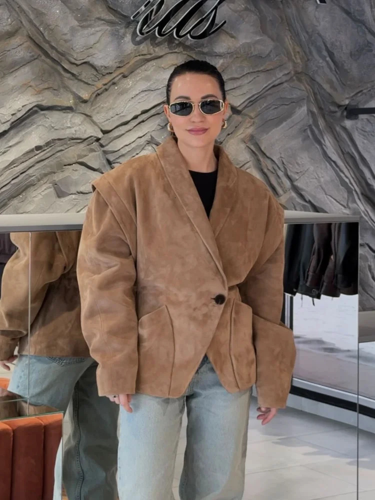Autumn Chic Solid One Button Suede Jacket Elegant Female Lapel Long Sleeves Shoulder Pads Coat Fashion Women Loose Street Wear 250725