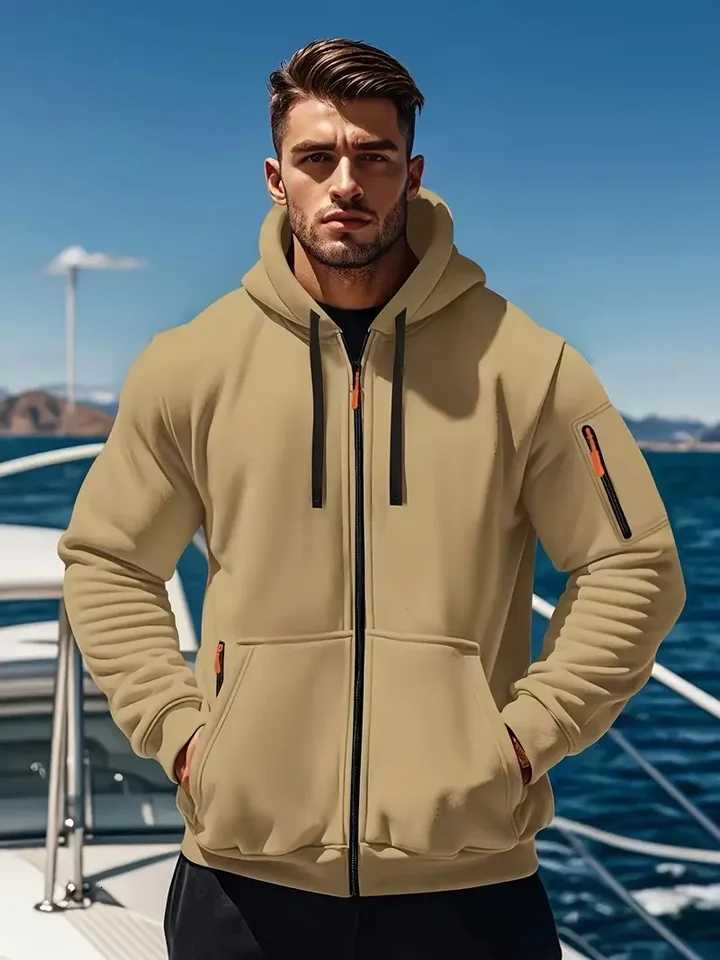 Mens Solid Color Zipper Hoodie with Side Pockets - Fashionable Long Sleeved Casual Wear with Full Zipper Closure Soft and Co XJ250726