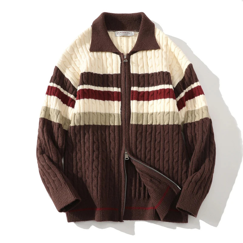 Autumn Men Vintage Striped Knitted Cardigan Men Casual Stand Collar Y2K Sweater Korean Fashion Sweatercoats Hombre 250724