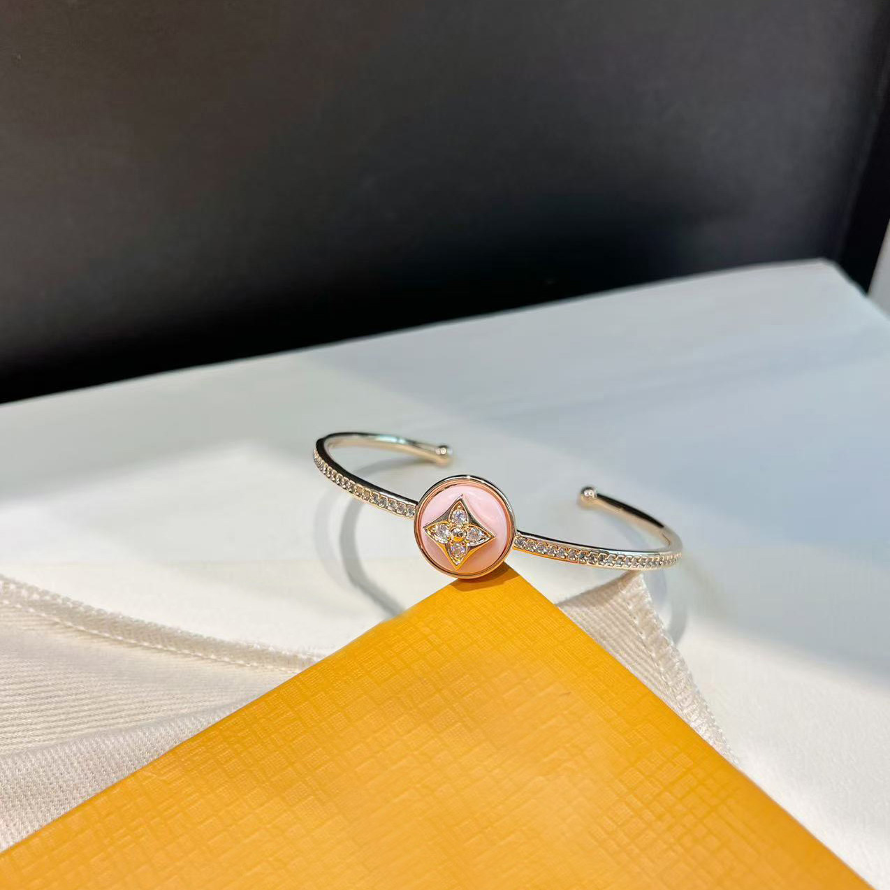 Gold Tone Cuff Bracelet With Pink Enamel Accents Elegant Party Jewelry And Gift For Her High Quality And Stylish Jewelry