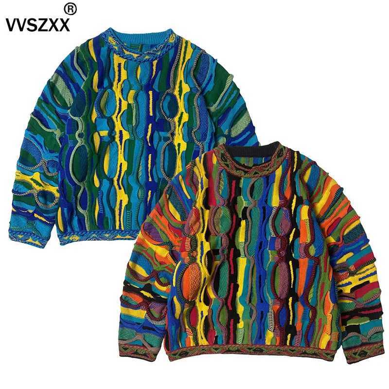 Heavy Industry Striped Knitted Sweater Ethnic Style Fashion Colorful Splicing Sweater Mens Pullover Sweater T260804