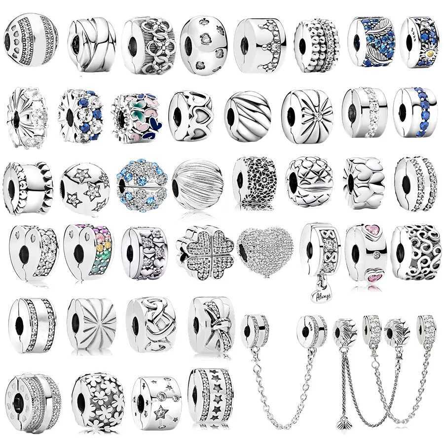 Fit Original Silver 925 Europeans Bracelet Jewelry Sparkling Row Clip Butterflies Clip Heart Cluster Safety Chain Charm Bead XJ250726