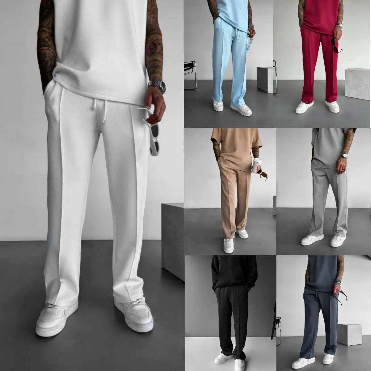 mens casual pants stylish and comfortable elastic waist drawstring single-line pleated solid color pocket mops pants250801
