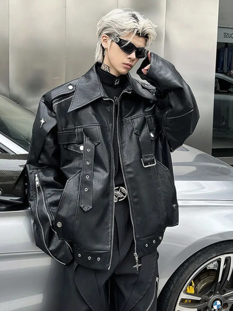 High Street Men Leather Jacket Punk PU Leather Motorcycle Jackets Korean Fashion Spring Autumn Oversize Y2k Jackets Men Clothing 250724