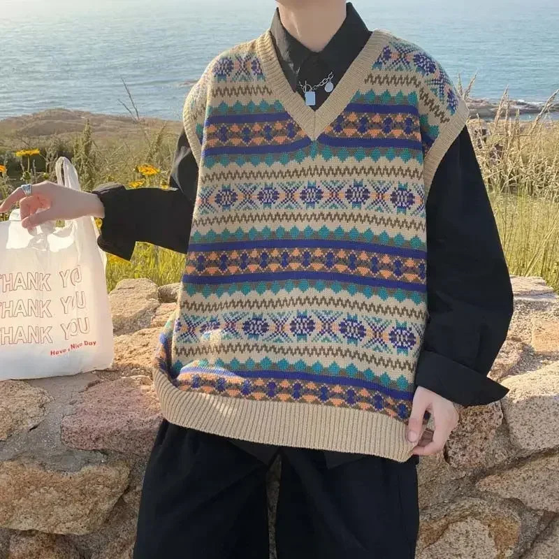 Mens Clothing Plaid Sleeveless Blue Knit Sweater Male Graphic Waistcoat Vest Casual Korean Style Baggy Fashion Stylish A 250724