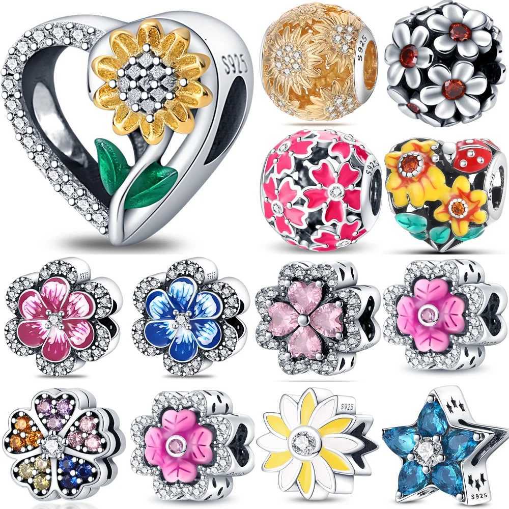 925 Sterling Silver Sunflower Sakura Floral Plants Series Charm Beads Fit Original Bracelets DIY Jewelry Gifts XJ250726