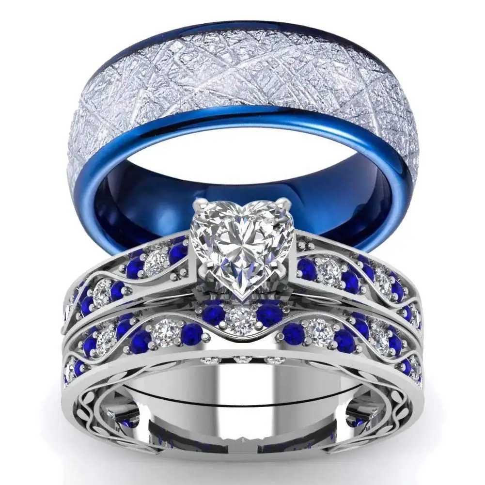 Fashionable couple ring romantic womens heart-shaped zircon ring set mens blue stainless steel ring wedding jewelry gift W250417