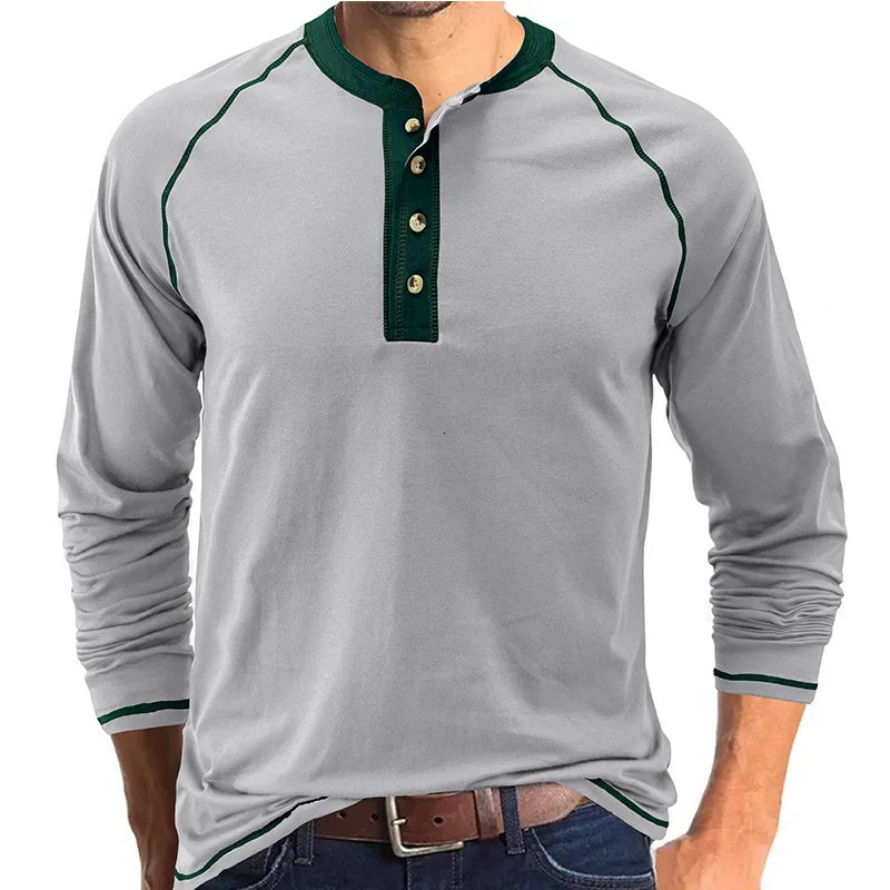 Mens Long Sleeve Cotton T shirts Men Fashion Henry Collar T shirt Spring Autumn Patchwork Tops Tees Men Clothing 250724