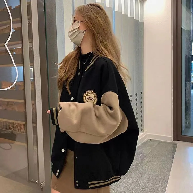 Lazy style embroidered American retro baseball jacket for womens spring and autumn loose couple baseball jacket 250721