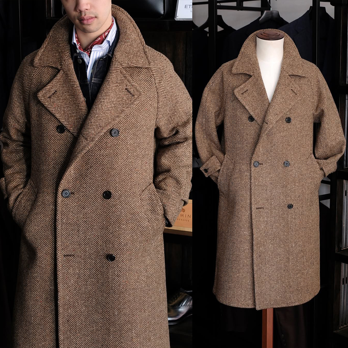 Chevron Woolen Blend Coat Men's Over Jacket Overcoat Men's Wool Winter Men Cotton Plaid Checkered Long Outwear Customized