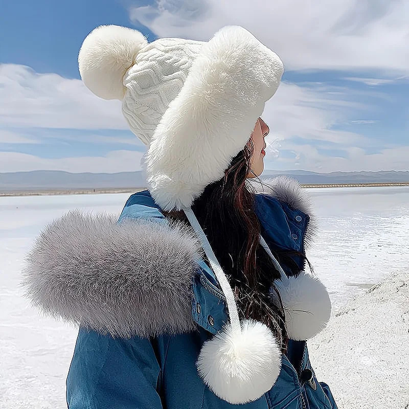 Fashion Faux Fur Knitted Bobble Beanie Hat Cute Pom Ball Cossack Skiing Furry Cap Winter Thicken Warm Knitted Cap Cold-proof 250725