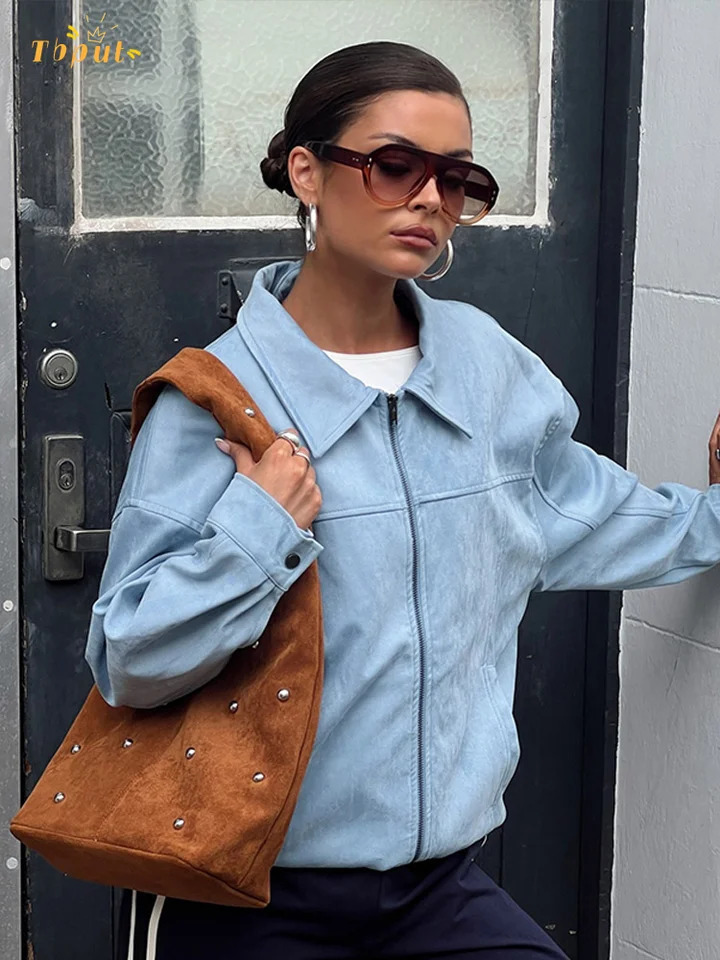 Blue Suede Zipper Bomber Jacket Womens Lapel Long Sleeve Casual Slim Fit Solid Short Coat Autumn Street Fashion Outerwear 250725