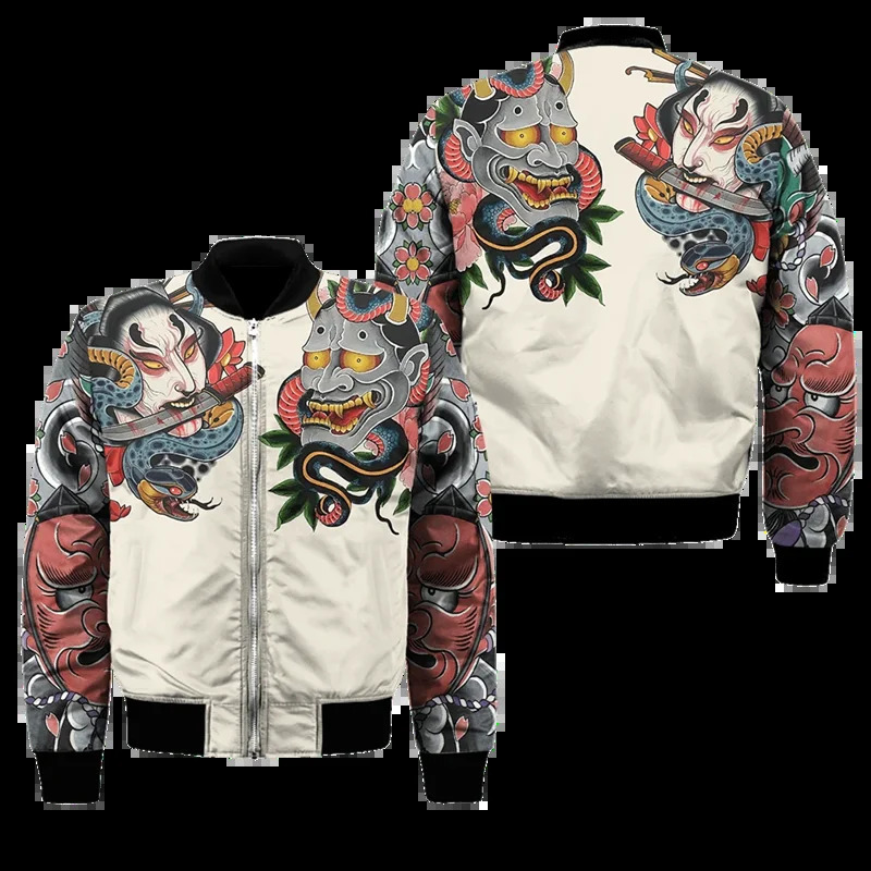 Spring Autumn Mens Bomber Jacket Samurai Oni Mask Tattoo 3D All Over Printed Zip Tracksuits Unisex Casual Zipper Jacket Clothing 250724