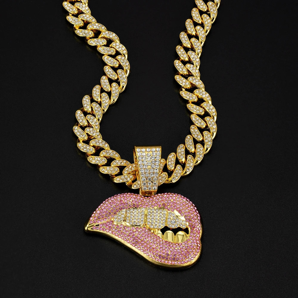 Men Women Hip Hop Bite Lip Shape Pendant Necklace with 13mm Crystal Cuban Chain Iced Out Bling HipHop Necklace Charm Jewelry 250724