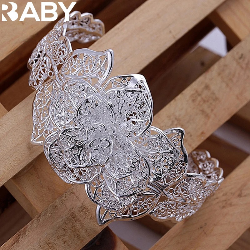 925 Sterling Silver jewelry bangle engagement exquisite retro charm hollow big women lady flowers openings bracelet 250725