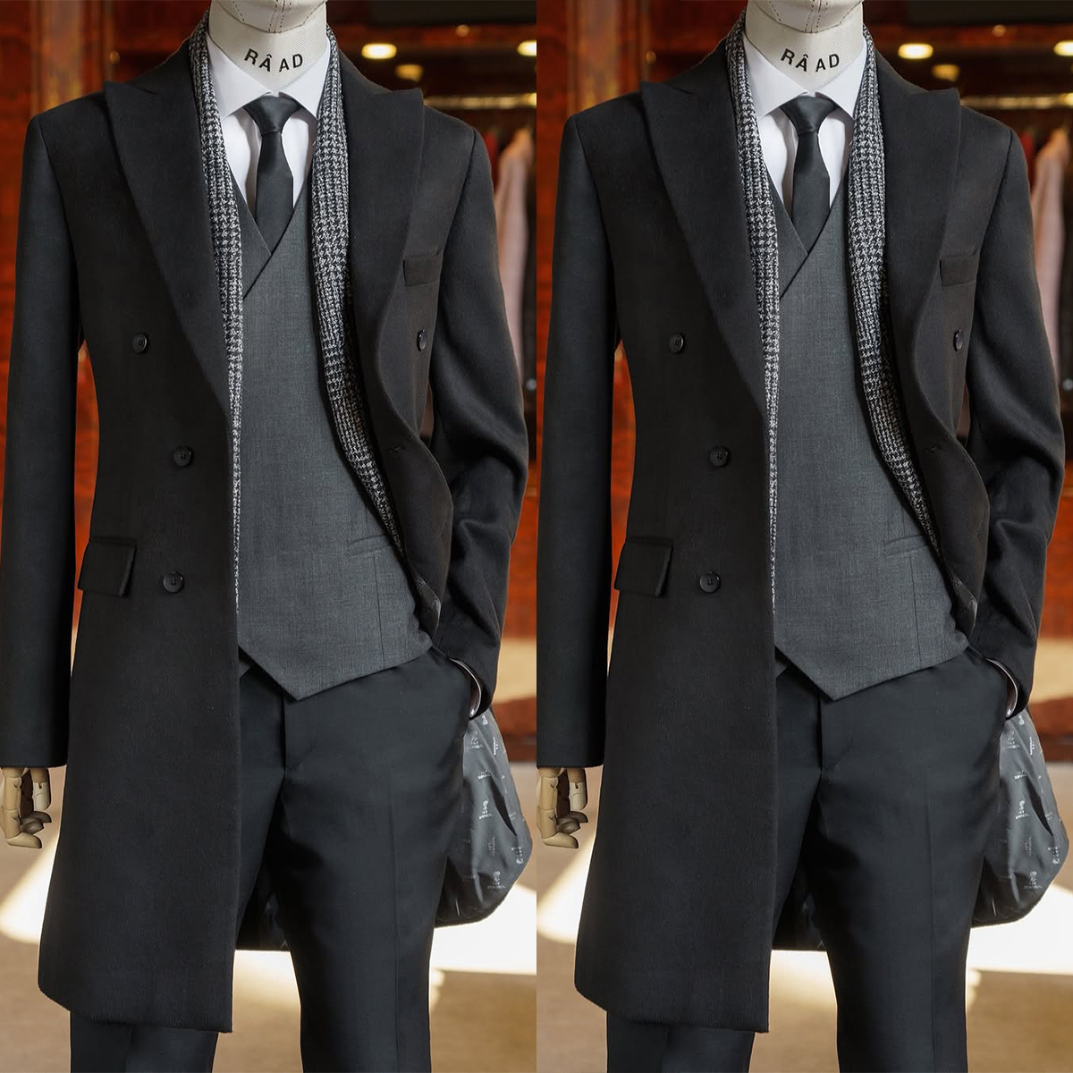 Men Jacket Classic Black Woolen Blend Suit Slim Fit Vintage Suit Business Long Coat Wedding Tuxedos Customized Overcoat