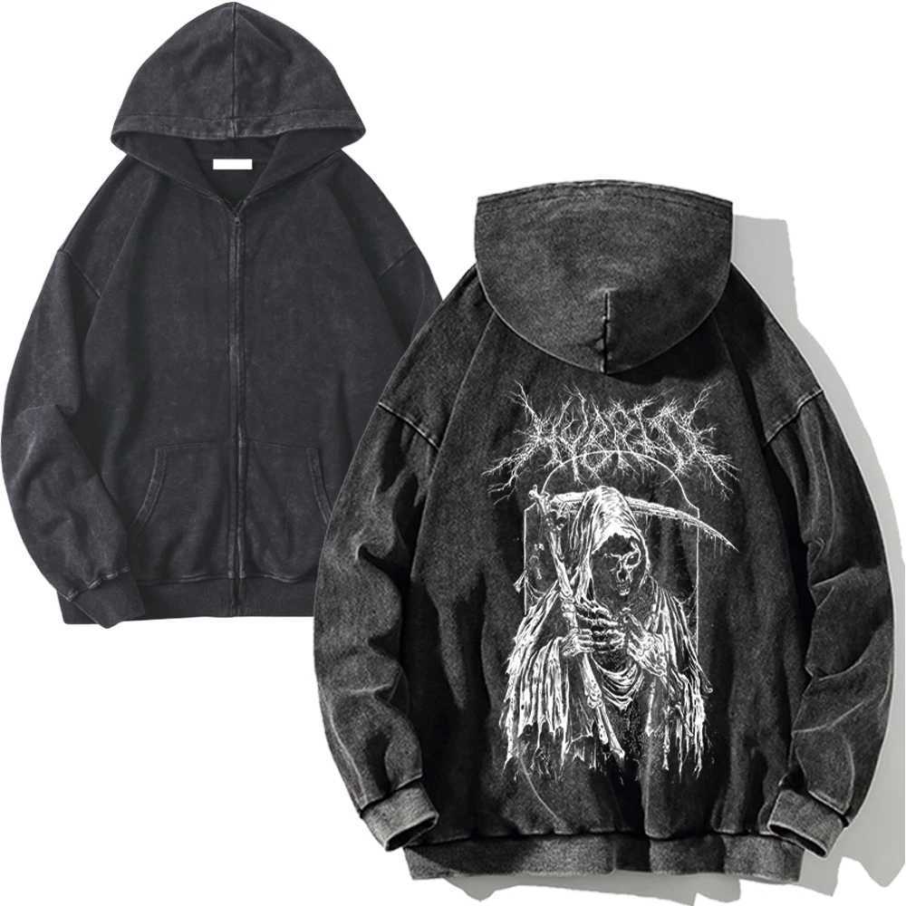 Skeleton Death Print Y2K Zip Up Hoodies 100% Cotton Men Women Gothic Vintage Zipper Hoodie High-quality Sweatshirts Streetwear XJ250726