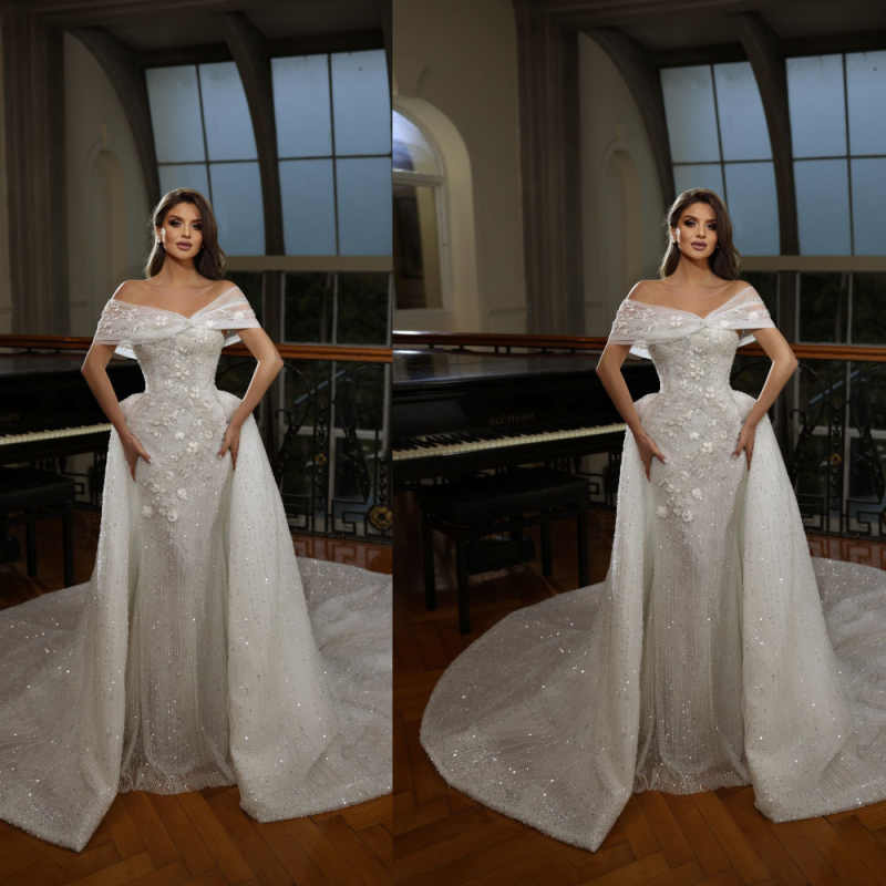 Sparkly Wedding Dress Mermaid Gowns Sleeveless V Neck Sequins Beads Detachable Train Formal Bridal Gowns Plus Size Customized Vestido de novia