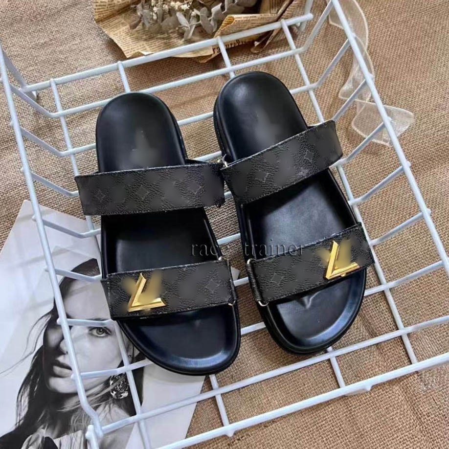 Fashion Womens Men Sandals Designer Slippers Bom Dia Double buckle Flat Heel Comfort Slides Sandal Luxury Embossed Leather Blue Denim Brown Chessboa