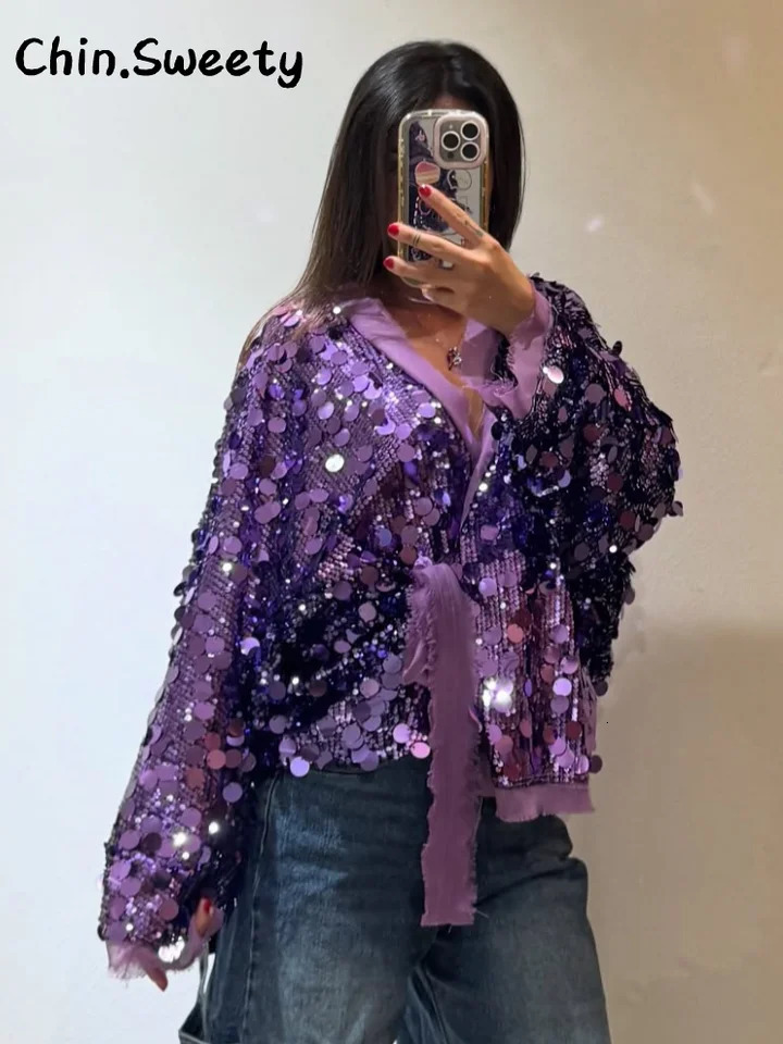 Summer Autumn Chic Lace Up Sequined Jackets for Women Loose Solid V-neck Full Sleeve All-match Jacket High Street Coat 250725