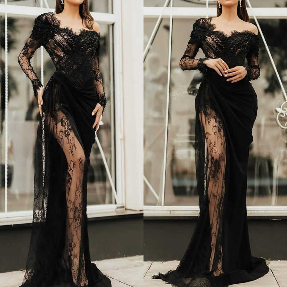 Black Elegant Beading Split Evening Dresses Crystal Lace Appliqued One Shoulder Mermaid Special Occasion Dresses Customized