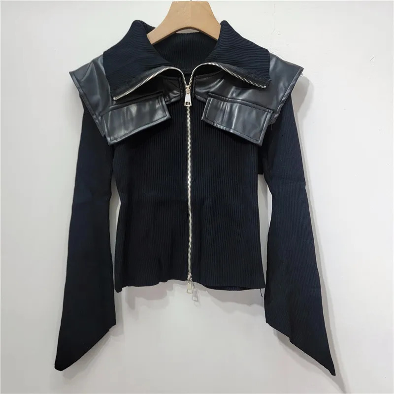 YEAE Winter Metal Zipper Patchwork Faux Leather Lapel Knitted Cardigan Jacket Womens 250724