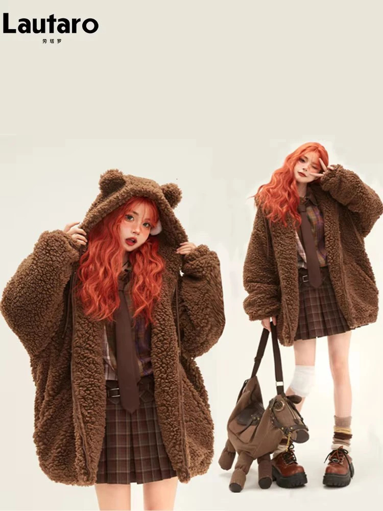 100% Faux Fur Hoodie with Bear Ears for Women Fluffy Sherpa Jacket Oversized Brown Warm Fuzzy Sweet Cute Winter 250724