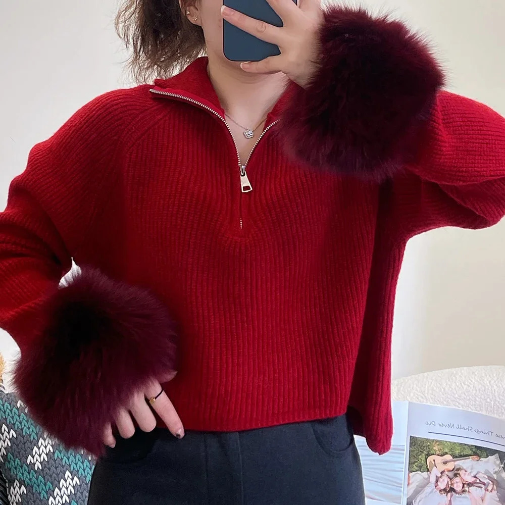 Fur Coat Female Sweater Pullover Women Spring Autumn Knitwear Patchwork Zipper Underlay Loose Premium Sweater 250724