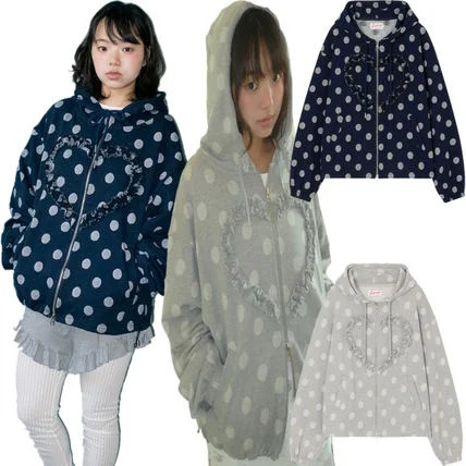 2025 Street Korean Wave Dot Splicing Zipper Hoodie Y2K Sweet Womens Cute Loose Fashion Daily Hoodie Casual Cardigan Jacket 250717