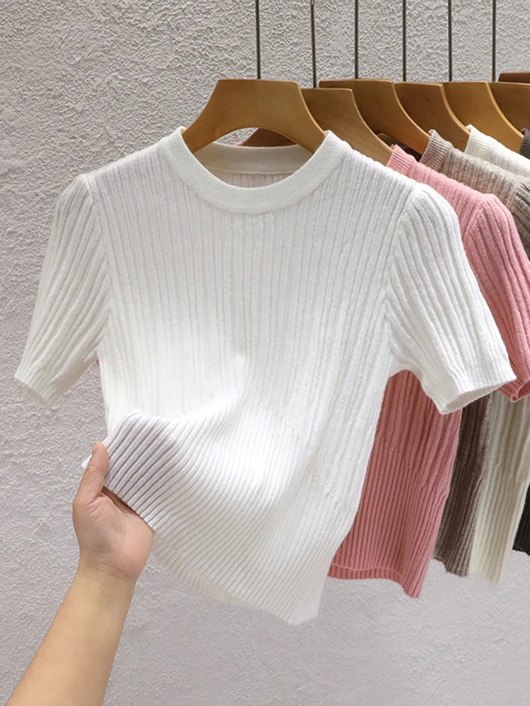 2025 Summer T shirts for Women Casual Female Korean Knit Streetwear Tees Basic Solid Young Cool Tops 250724