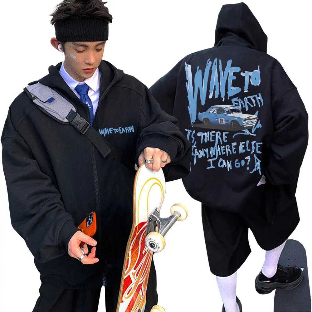 Korean Band Wave To Earth Print Zipper Hoodie Mens Casual Oversized Zip Up Jacket Men Women Hip Hop Fashion Y2k Zip Up Hoodies XJ250726