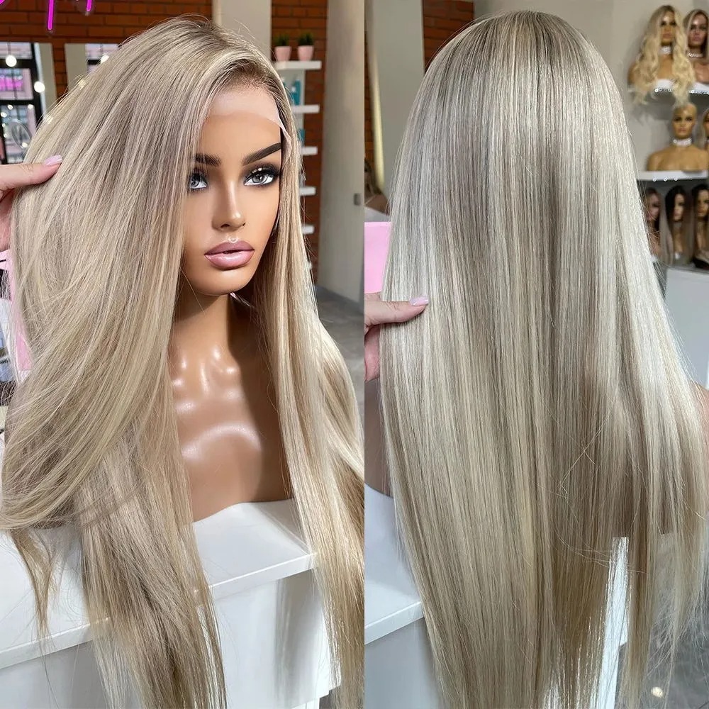 Glueless Platinum Blonde Bone Straight Full Lace Wig Wear And Go Highlight Silver Grey Ready To Wear 13x4 Transparent HD Synthetic Lace Front Wig