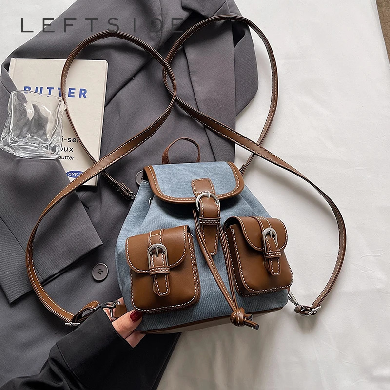 Womens Pu Leather Small Double Pockets Backpacks Korean Fashion Vintage Backpack Student School Bag Back Packs 250723