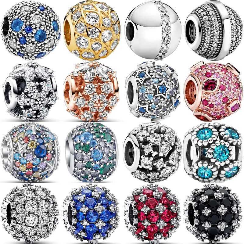 925 Sterling Silver Pav Black Blue Red Sparkling Clear Zircon DIY Round Beads Fit Original Pantaro Charms Bracelet Fine Jewelry XJ250726