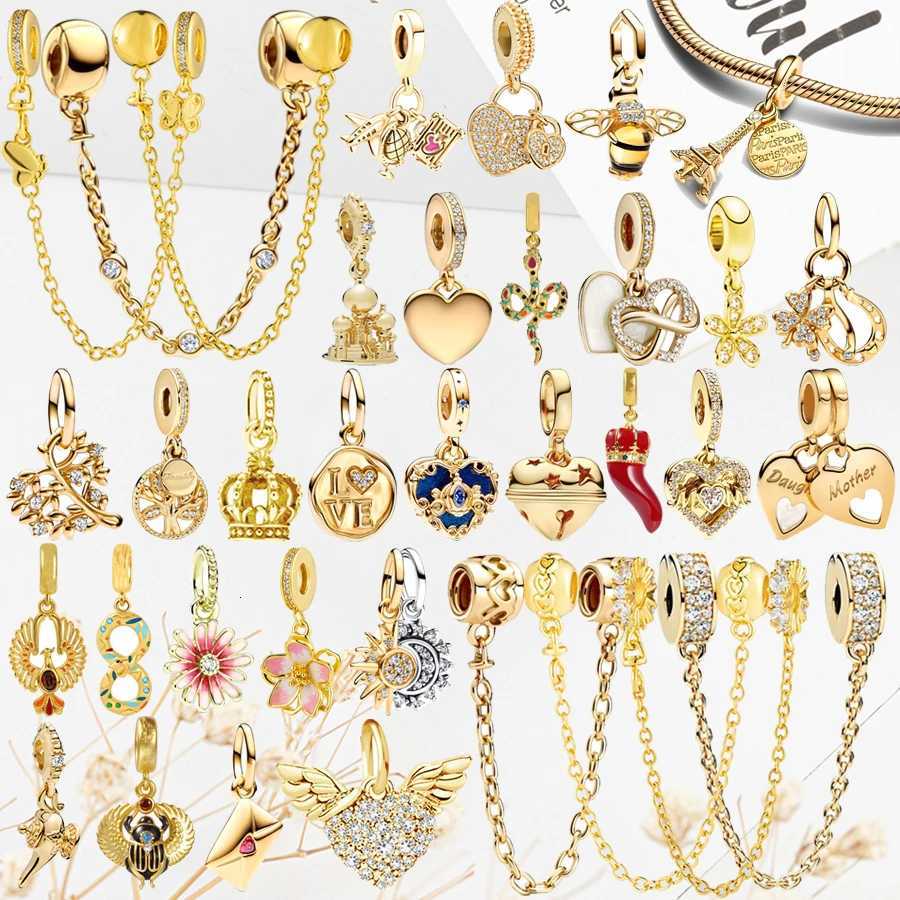 2025 New DIY Gold Flower Envelope Boy Girl Goldfish Bear Dangle Charm Beads Fit Original 925 Silver Bracelet Women Jewelry Gift XJ250726