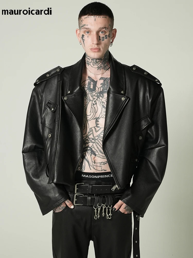 Mauroicardi Spring Autumn Cool Short Oversized Black Pu Leather Biker Jacket Men Long Sleeve Unisex Clothes 250724