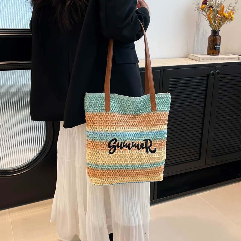 Knitted Rainbow Striped Women's Tote Bag Free Shipping Designer's New Letter Embroidered Handbag Leisure Vacation Single Shoulder Underarm