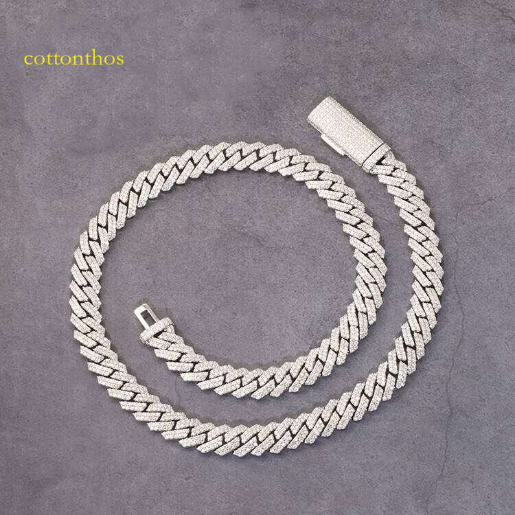 Hot Sale Style 12mm 2Row Solid Sier Iced Out Moissanite Dia Link Hiphop Chain Miami Cuban Chains Necklace